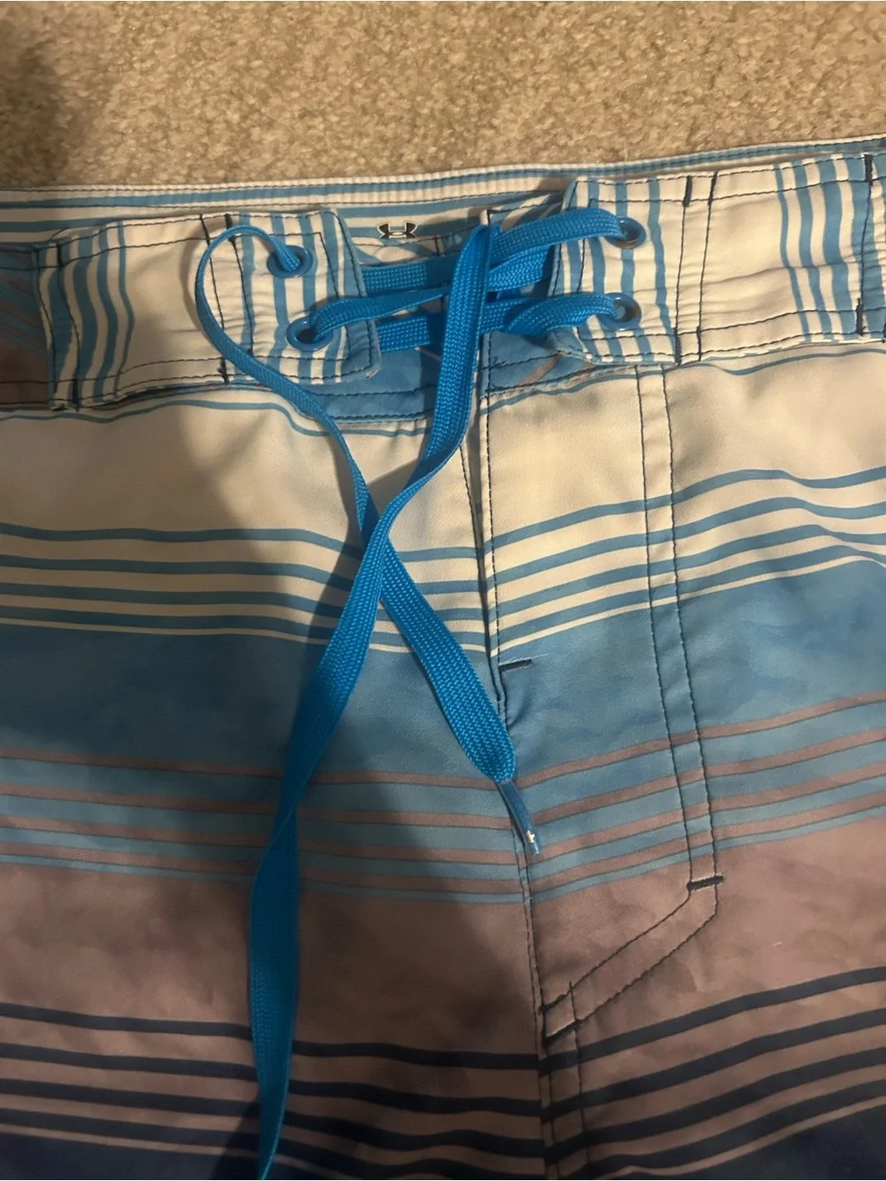 Under Armour Blue, Navy and Cream Striped Swim Board Shorts